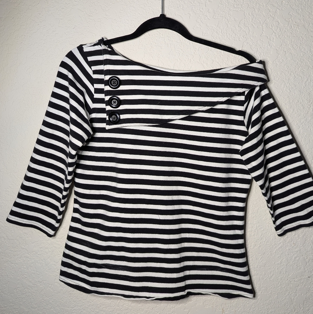 Black and White Striped Top with Button Detail